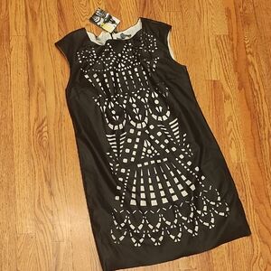 Catherine Malandrino Black and Cream Patterned Midi Dress
